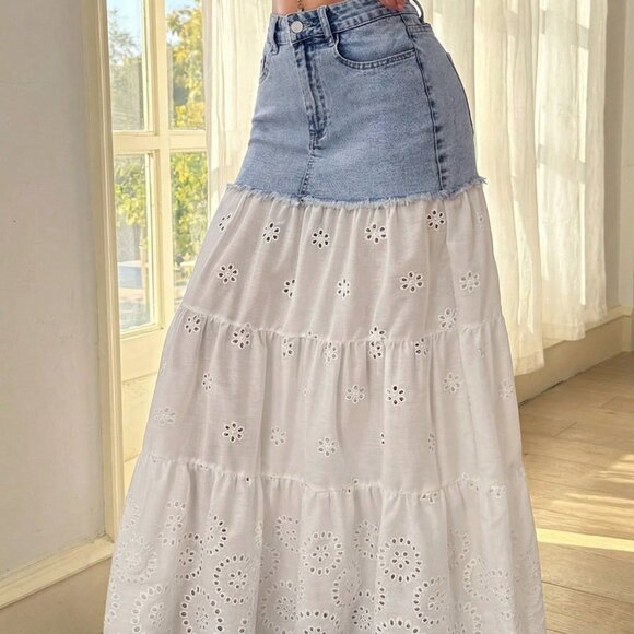 Multicolor Boho Women's Casual Hollow-Out Embroidery Patchwork Denim Mini Skirt - Picture 3 of 7